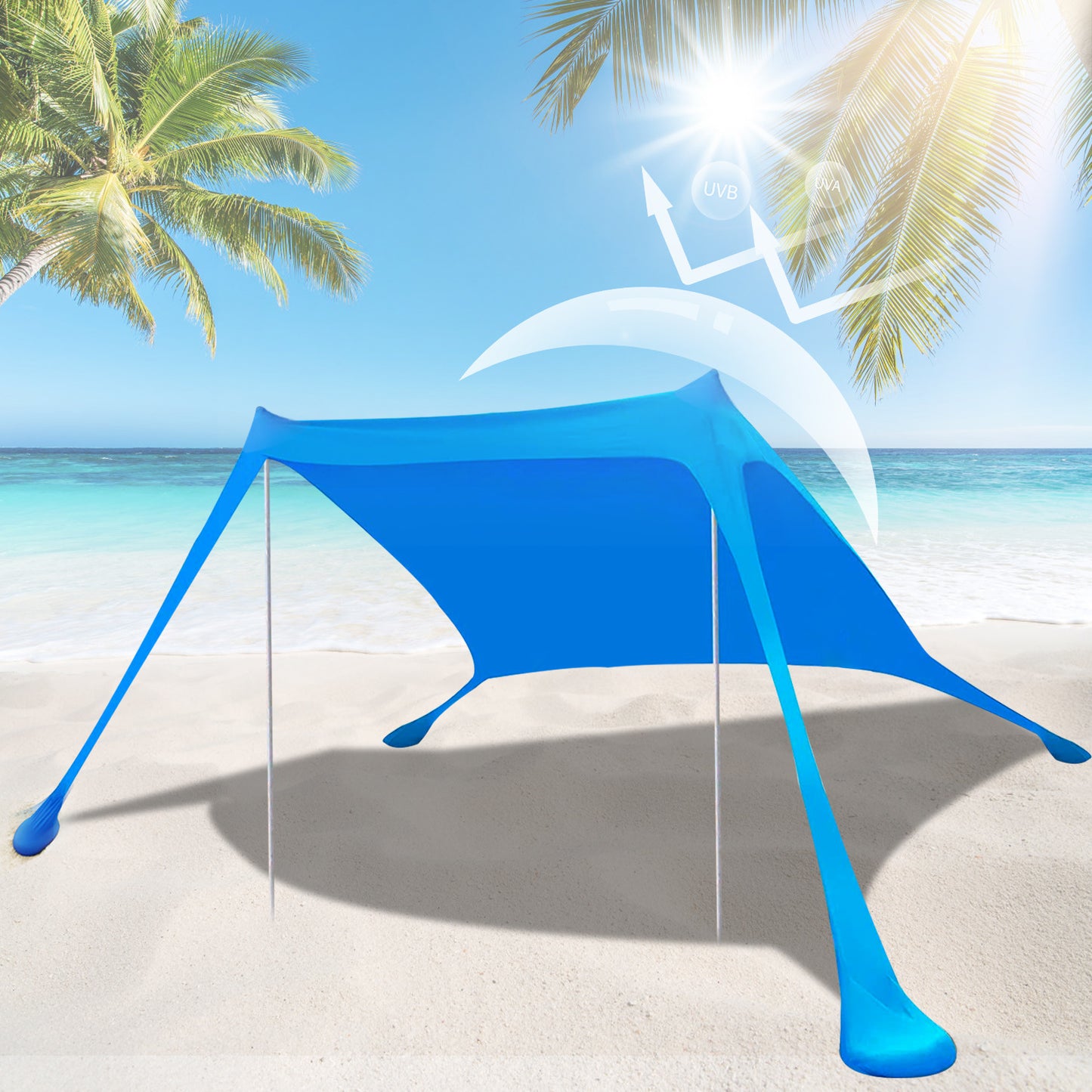 Foldable Beach Canopy Tent Collapsible Shade Sail Sun Protection Windproof Shelter 4 Sandbag 2 Pole Portable Storage Bag Rectangle Blue