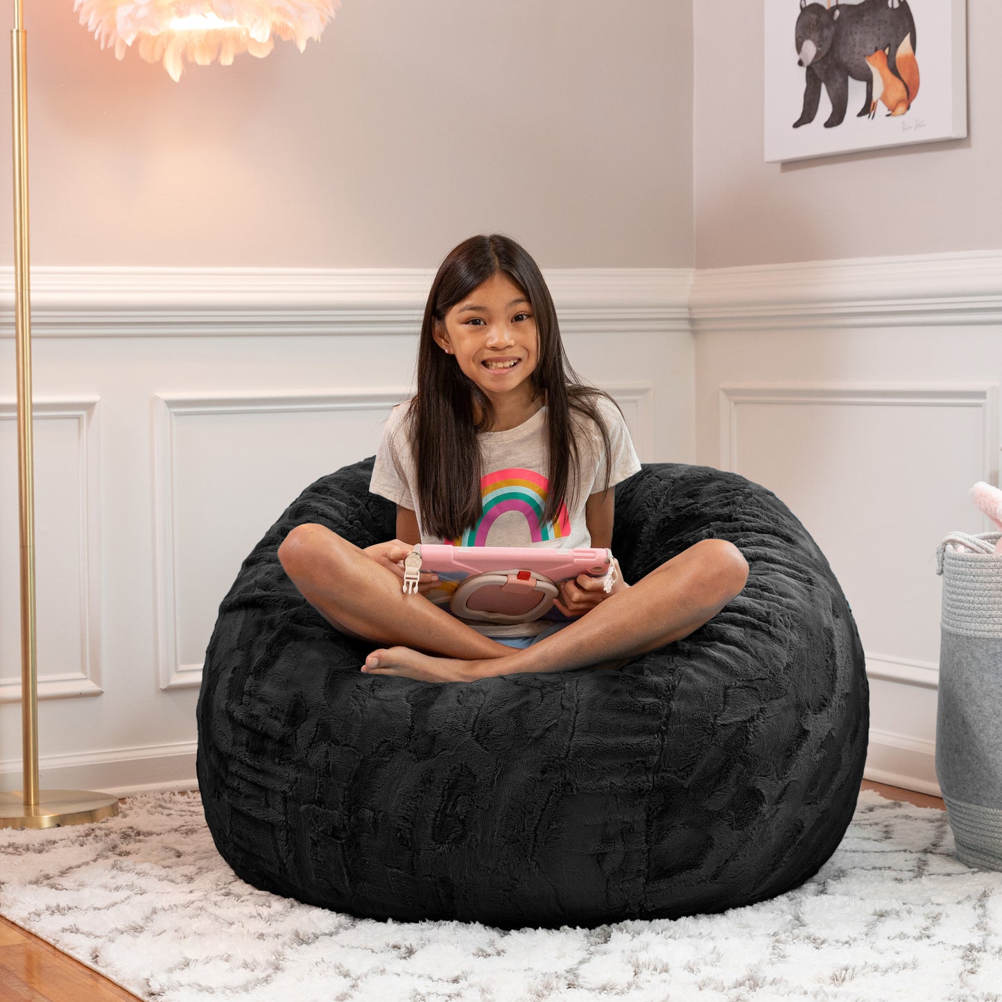 Jaxx Saxx 3 Foot Bean Bag Chair - Faux Fur - Fun Colors, Black