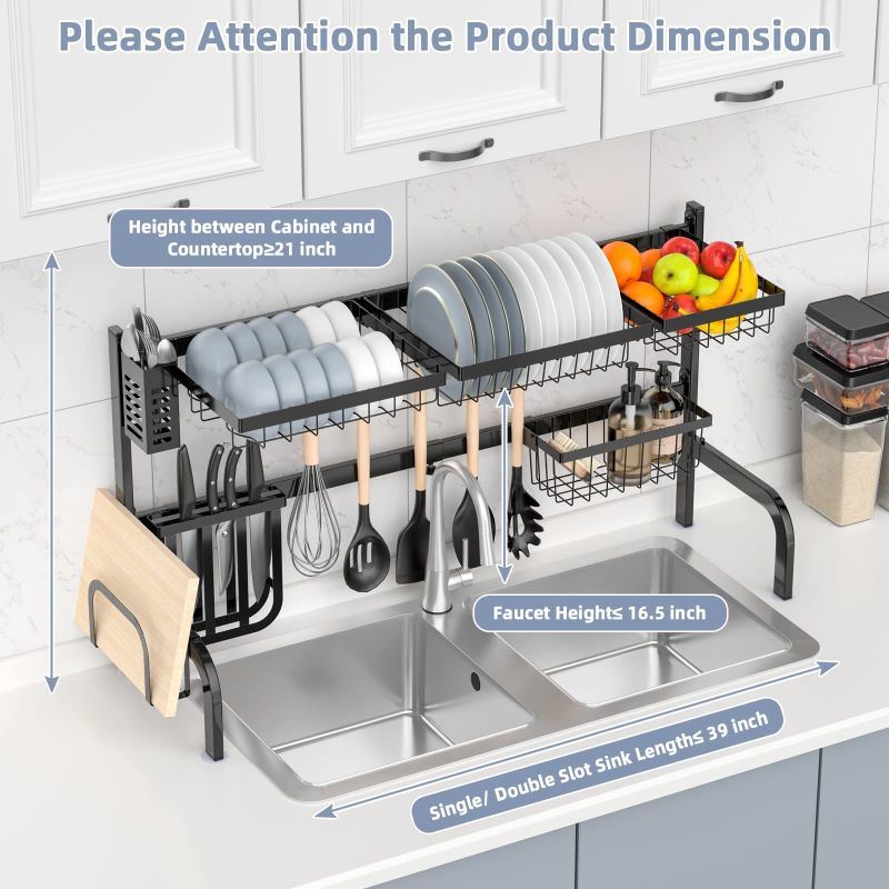 Adjustable Over Sink Dish Drying Rack with Hooks