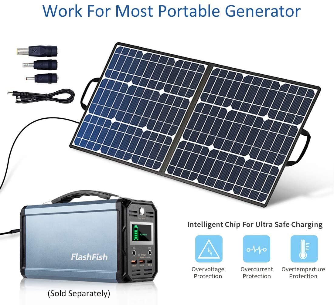 50W 18V Portable Solar Panel, Flashfish Foldable Solar Charger with 5V USB 18V DC Output Compatible with Portable Generator, Smartphones, Tablets and More