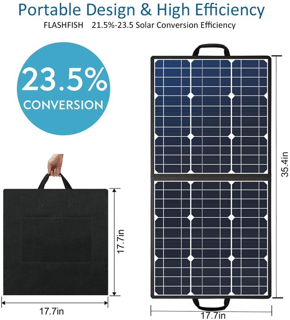 50W 18V Portable Solar Panel, Flashfish Foldable Solar Charger with 5V USB 18V DC Output Compatible with Portable Generator, Smartphones, Tablets and More