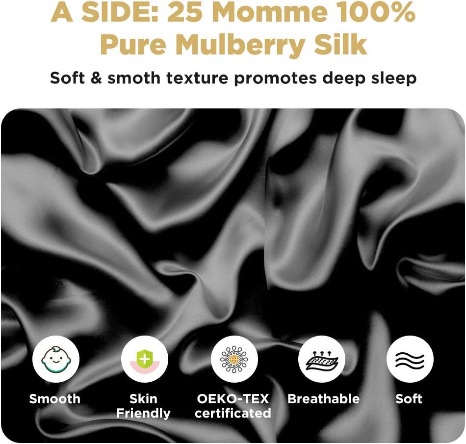 Silk Pillowcase for Hair and Skin;  Lacette 25 Momme 100% 6A Soft Silk Pillow Case with Hidden Zipper;  600 Thread Count;  A Side Silk;  B Side Microfiber;  1PC (Queen 20x30;  Black)