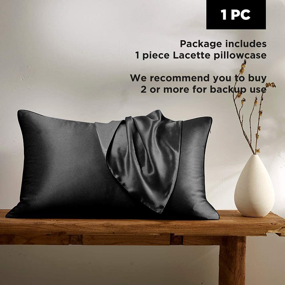 Silk Pillowcase for Hair and Skin;  Lacette 25 Momme 100% 6A Soft Silk Pillow Case with Hidden Zipper;  600 Thread Count;  A Side Silk;  B Side Microfiber;  1PC (Queen 20x30;  Black)