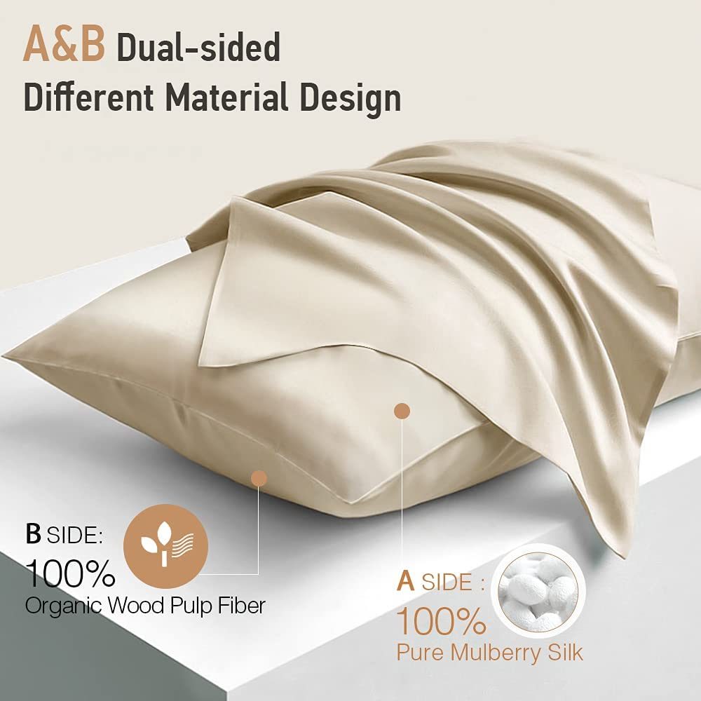 Silk Pillowcase for Hair and Skin;  22 Momme 100% 6A Soft Silk Pillow Case with Hidden Zipper;  600 Thread Count;  Dual Sided Silk Fabrics/Wood Pulp Fiber;  1 Pack (Standard Size 20"x26"