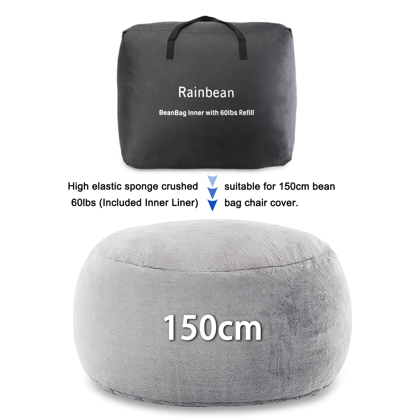 Bean Bag Chair Filler;  60lb Filling Shredded Memory Foam with Inner Liner; Easy to Install and Remove; High Elastic Density - Safe and Healthy; Fits 150cm Giant Bean Bag Cover. (60lb/27kg)