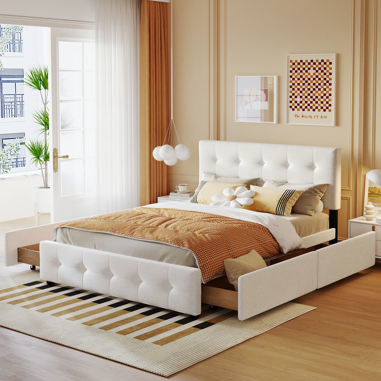 Upholstered Platform Bed with Classic Headboard and 4 Drawers;  No Box Spring Needed;  Linen Fabric;  Queen Size