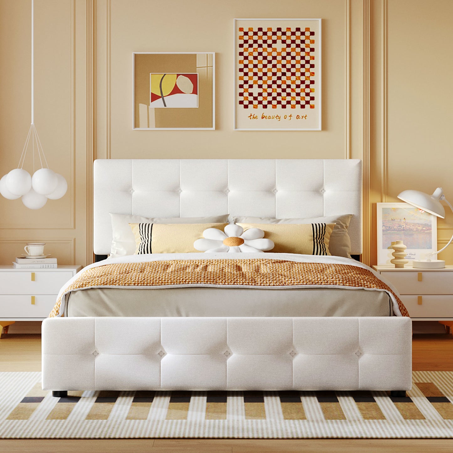 Upholstered Platform Bed with Classic Headboard and 4 Drawers;  No Box Spring Needed;  Linen Fabric;  Queen Size