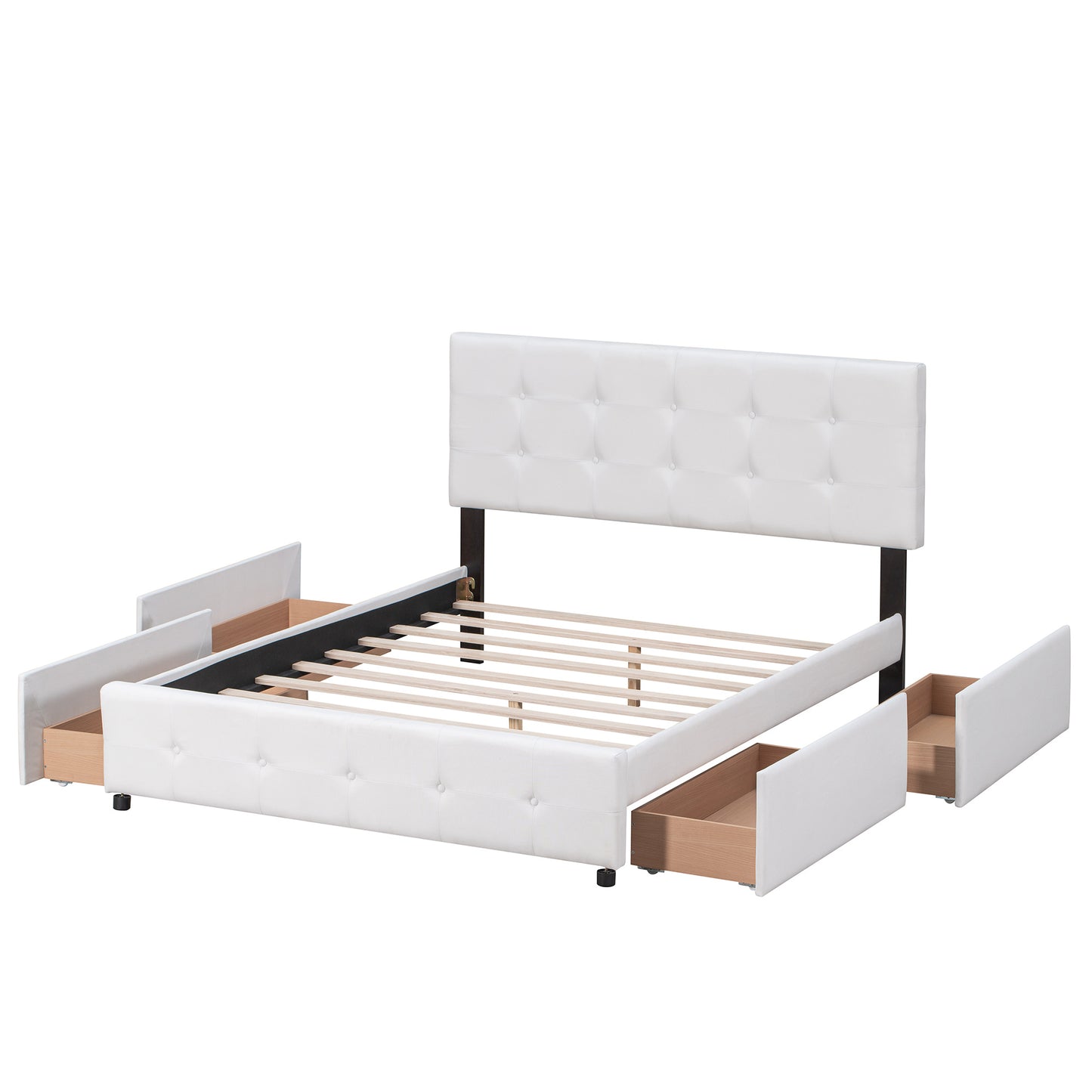 Upholstered Platform Bed with Classic Headboard and 4 Drawers;  No Box Spring Needed;  Linen Fabric;  Queen Size