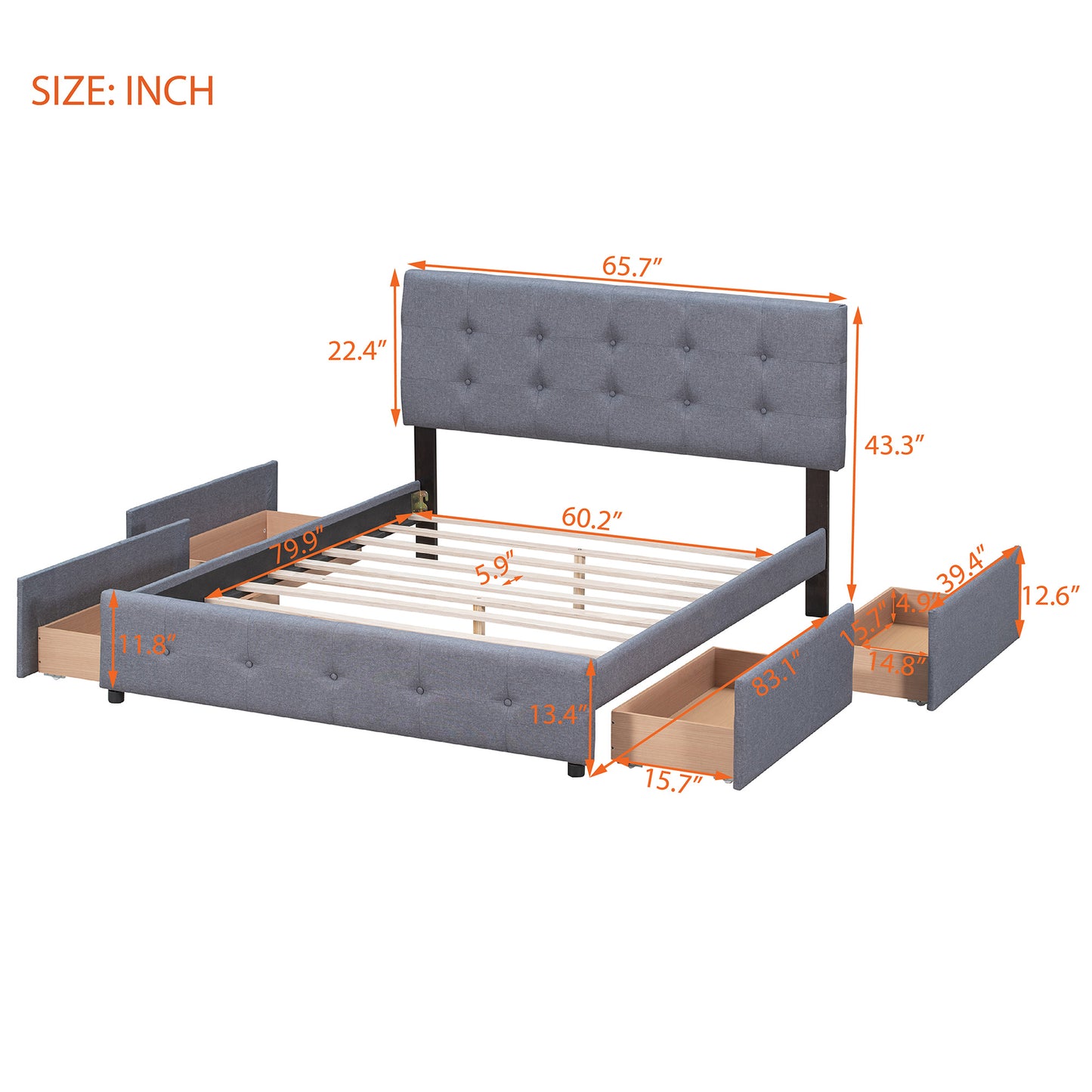 Upholstered Platform Bed with Classic Headboard and 4 Drawers;  No Box Spring Needed;  Linen Fabric;  Queen Size