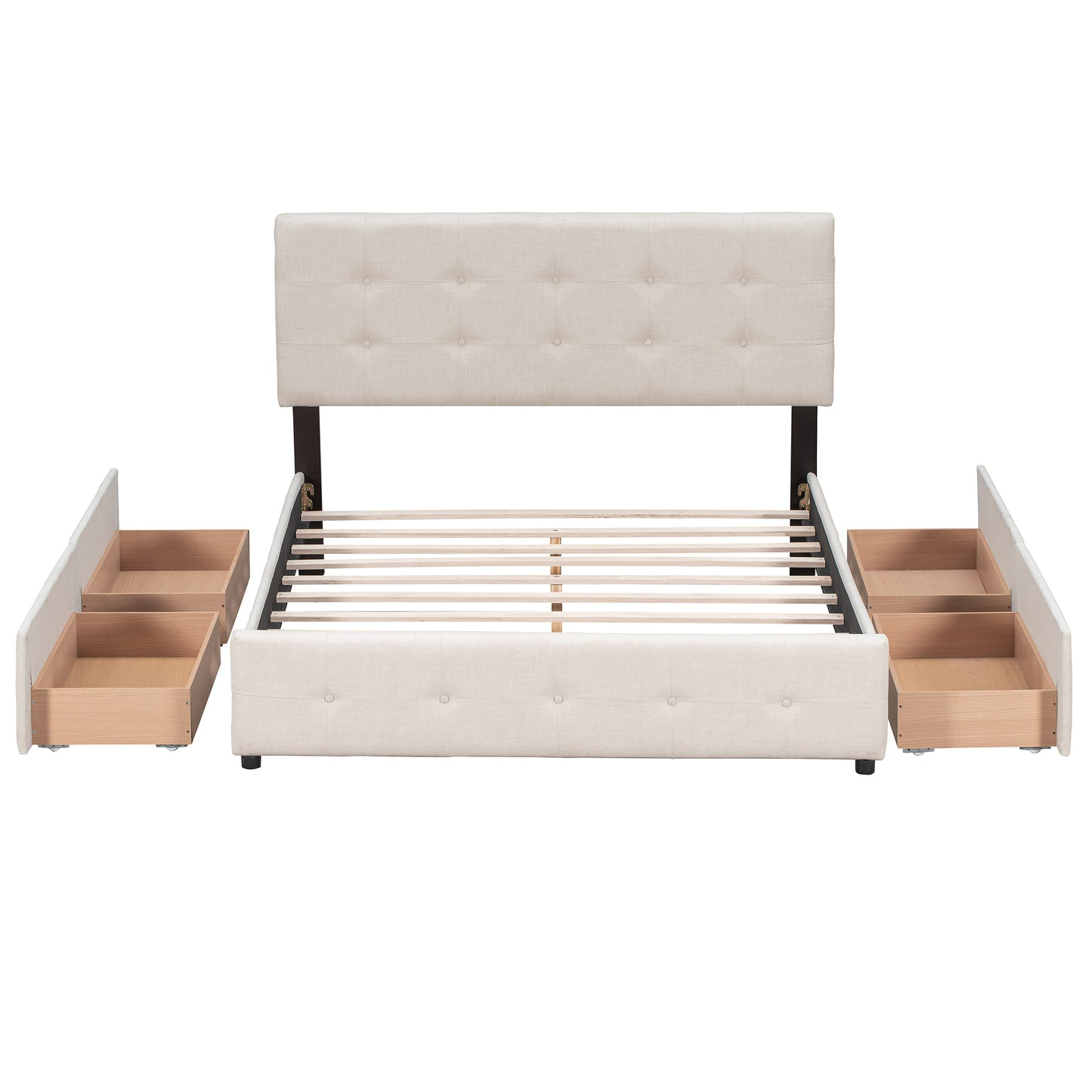 Upholstered Platform Bed with Classic Headboard and 4 Drawers;  No Box Spring Needed;  Linen Fabric;  Queen Size