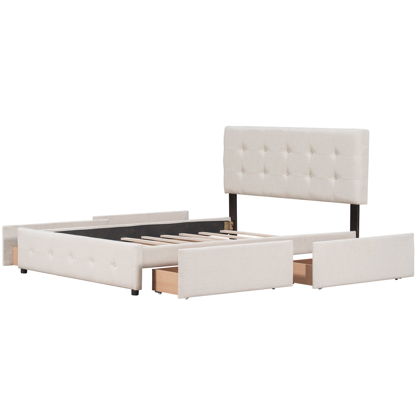 Upholstered Platform Bed with Classic Headboard and 4 Drawers;  No Box Spring Needed;  Linen Fabric;  Queen Size