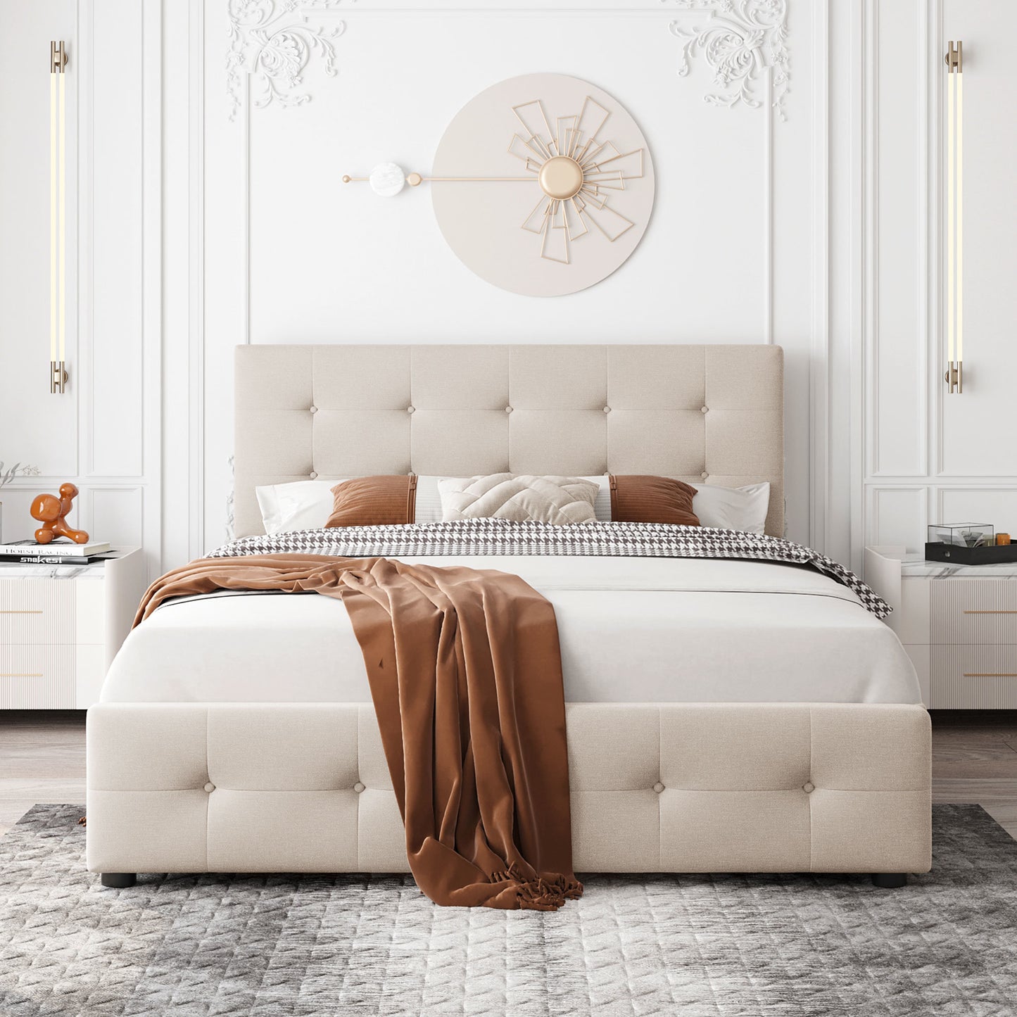 Upholstered Platform Bed with Classic Headboard and 4 Drawers;  No Box Spring Needed;  Linen Fabric;  Queen Size