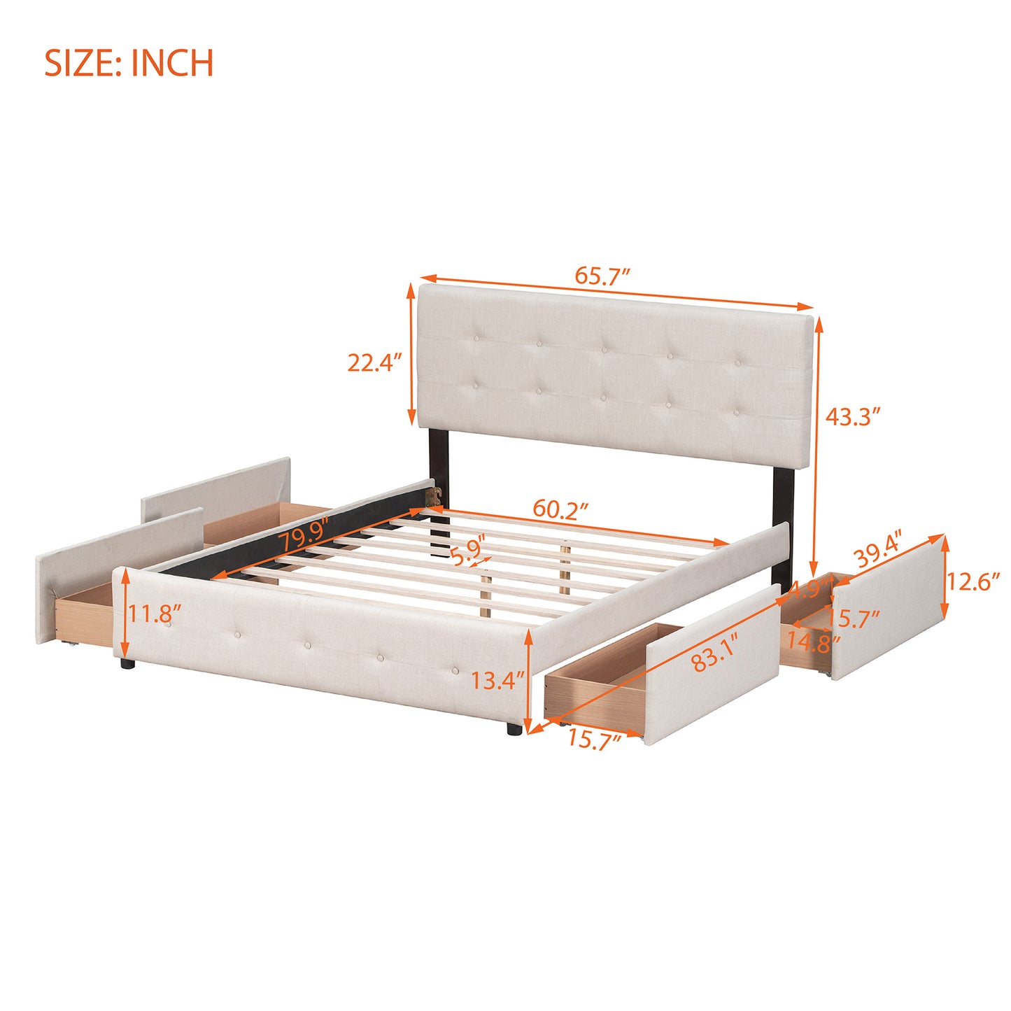 Upholstered Platform Bed with Classic Headboard and 4 Drawers;  No Box Spring Needed;  Linen Fabric;  Queen Size