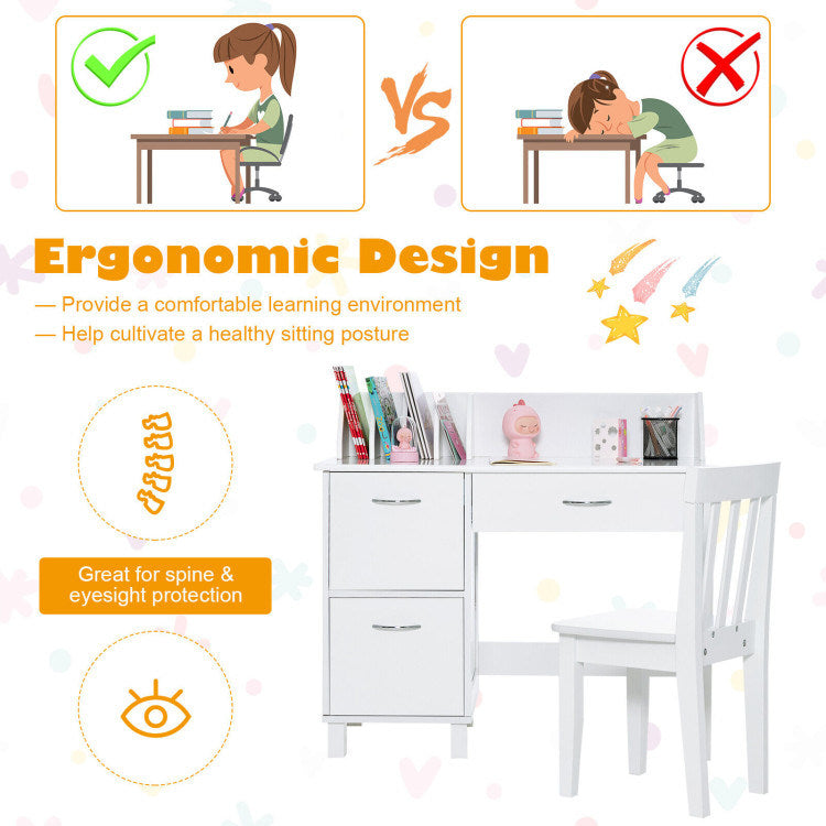 Kids Wooden Writing Furniture Set with Drawer and Storage Cabinet