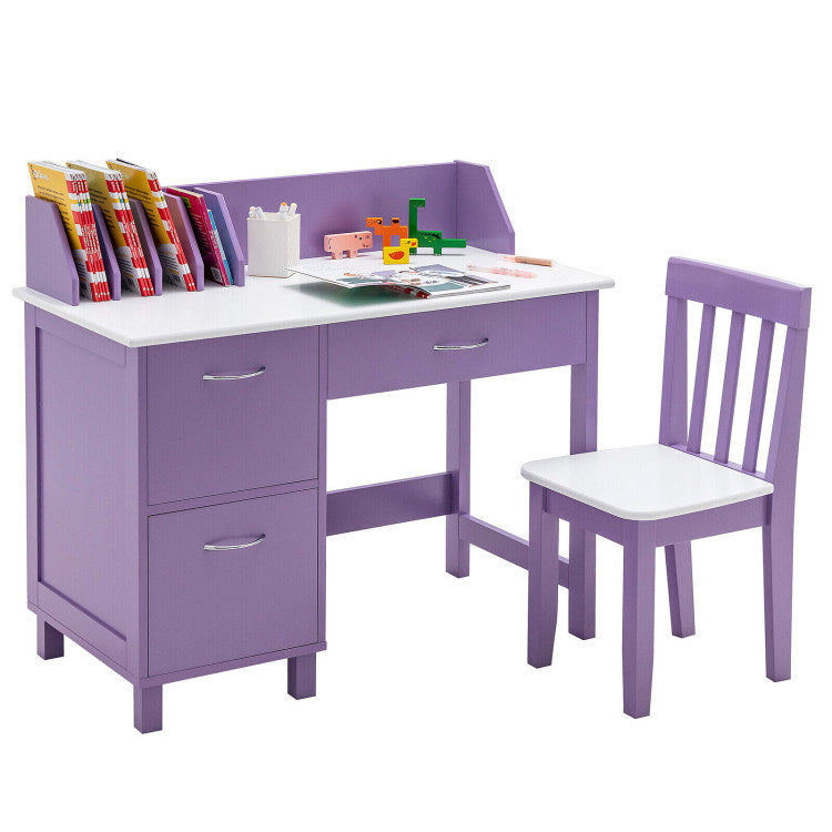 Kids Wooden Writing Furniture Set with Drawer and Storage Cabinet