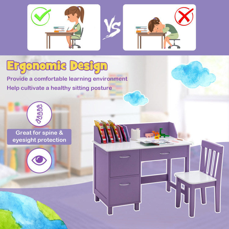 Kids Wooden Writing Furniture Set with Drawer and Storage Cabinet