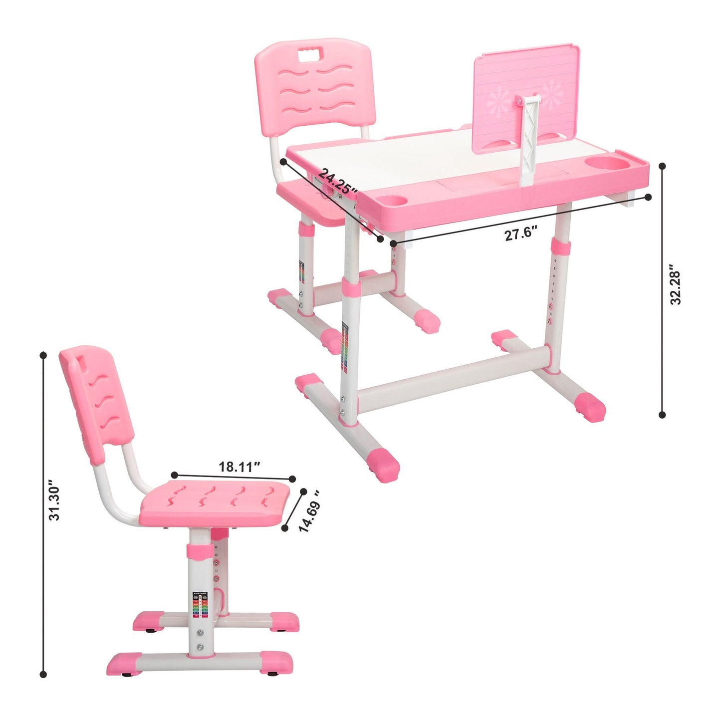 Kids Desks, Height Adjustable Children Desk and Chair Set,Childs School Student Sturdy Table,Bookstand Pink XH