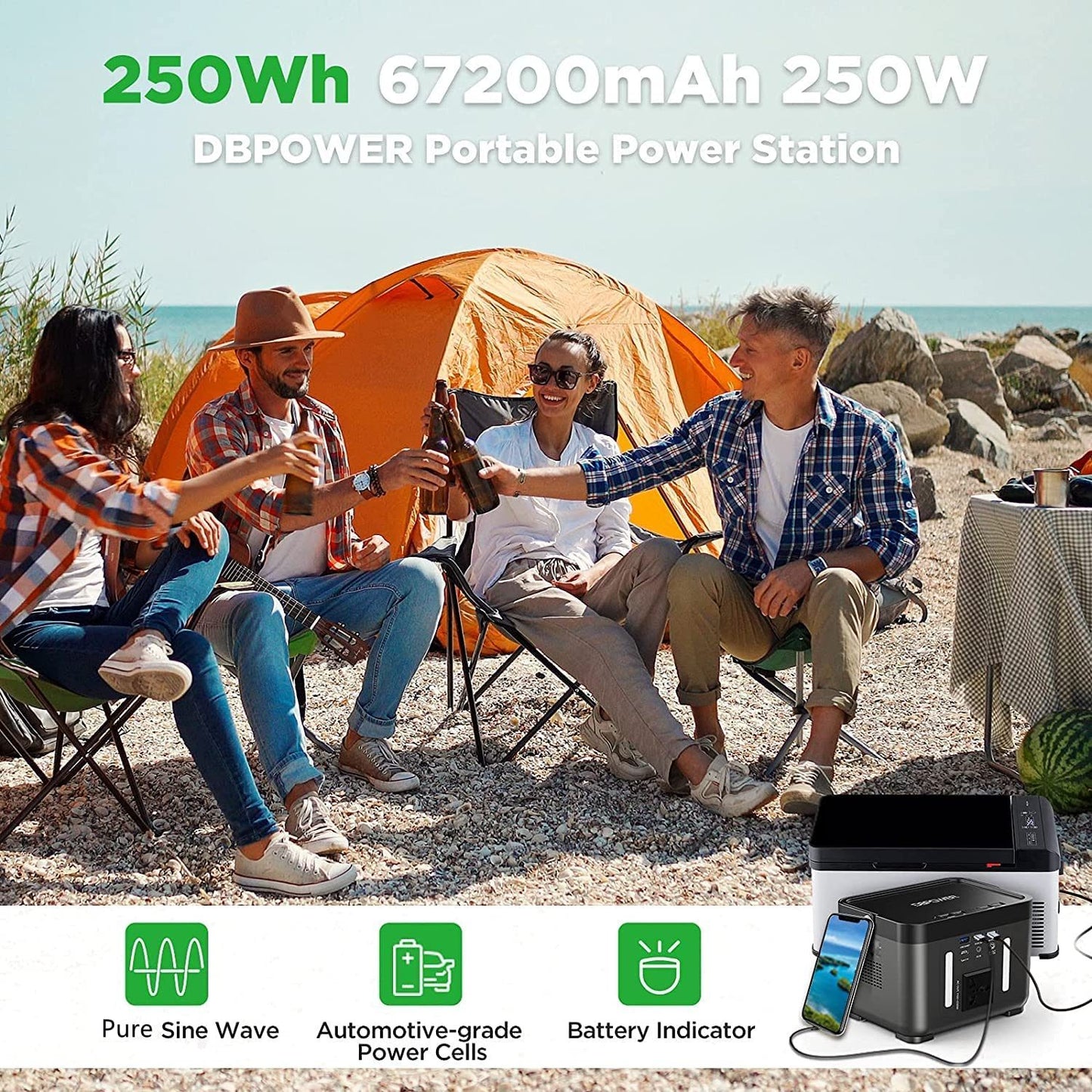 DBPOWER Portable Power Station, 250Wh Backup Lithium Battery 110V/250W Pure Sine Wave AC Outlet Solar Generator Supply (Solar Panel Not Included) for Emergency Outdoor Camping Fishing Hunting CPAP