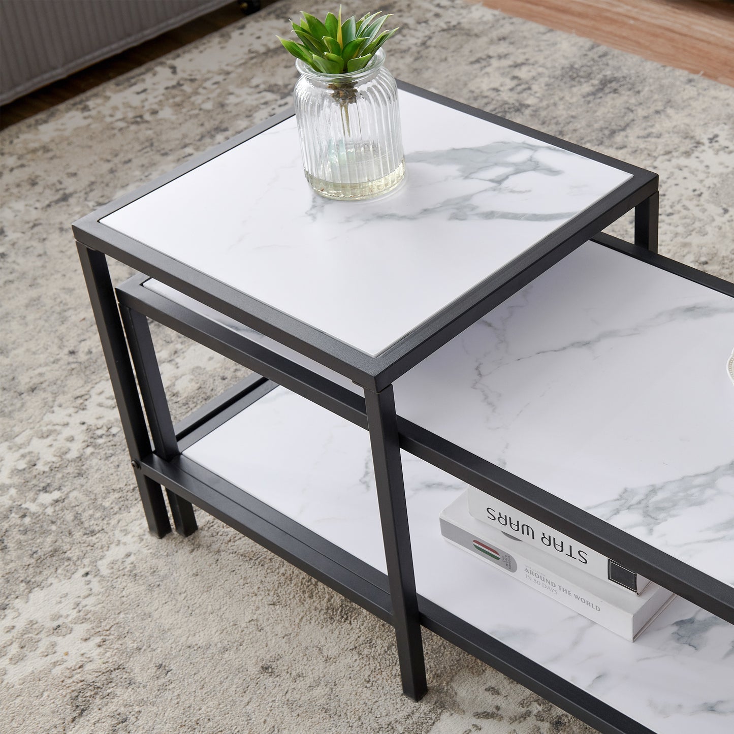 Modern Nesting coffee table Square & rectangle; Black metal frame with wood marble color top