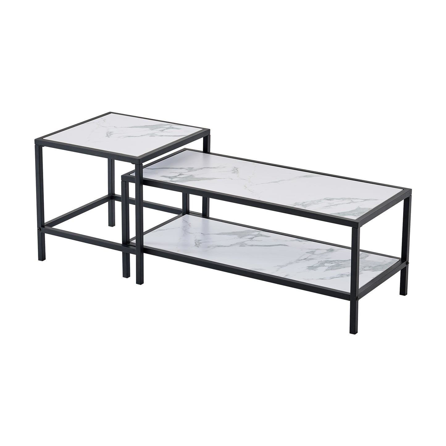 Modern Nesting coffee table Square & rectangle; Black metal frame with wood marble color top