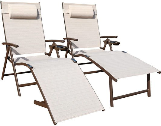 Aluminum Outdoor Folding Reclining Adjustable Patio Chaise Lounge Chair with Pillow for Poolside Backyard and Beach Set of 2