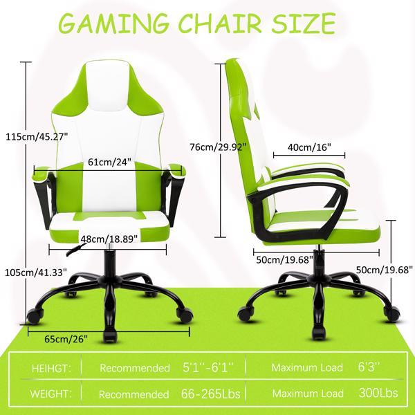 Video Game Chair for Adults, Gaming Chair Office Chair with Handrail, Adjustable Height Gamer Chair for Kids, Comfortable Computer Chair with Wheels, Green