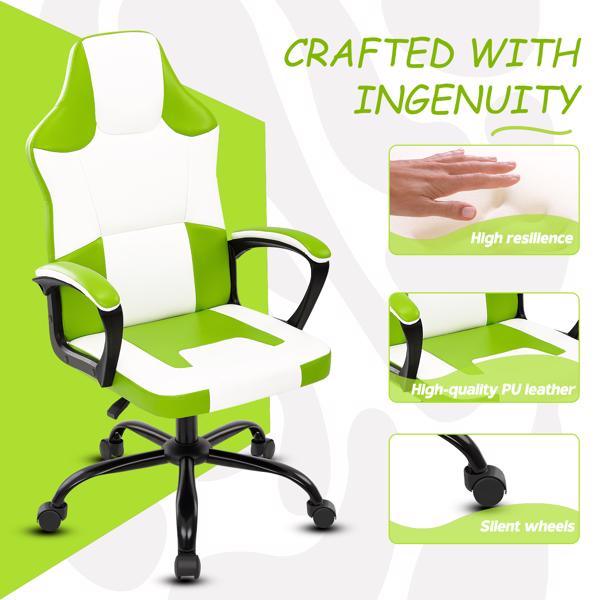 Video Game Chair for Adults, Gaming Chair Office Chair with Handrail, Adjustable Height Gamer Chair for Kids, Comfortable Computer Chair with Wheels, Green