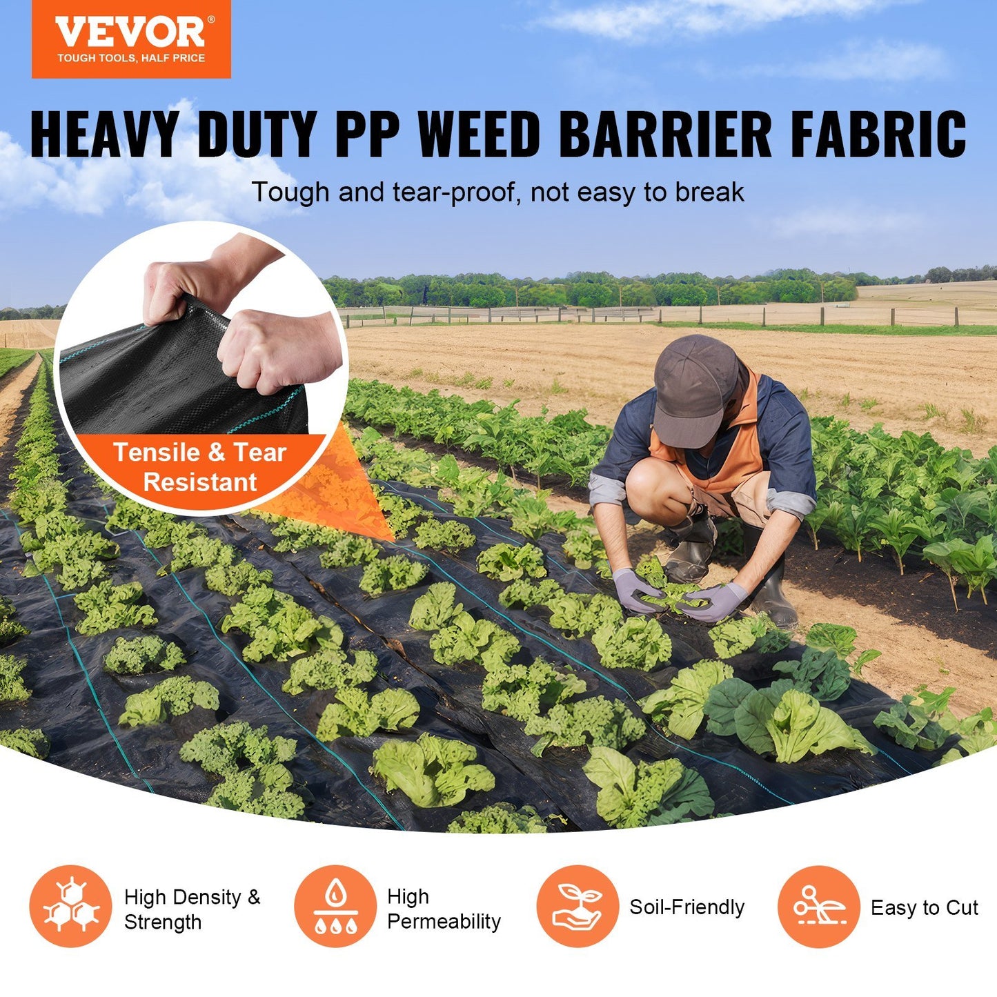 VEVOR 5FTx250FT Premium Heavy Duty Weed Barrier Landscape Fabric, 5OZ Woven Geotextile Fabric Under Gravel, High Permeability for Weed Blocker Weed Mat, Driveway Fabric, Weed Control Garden Cloth