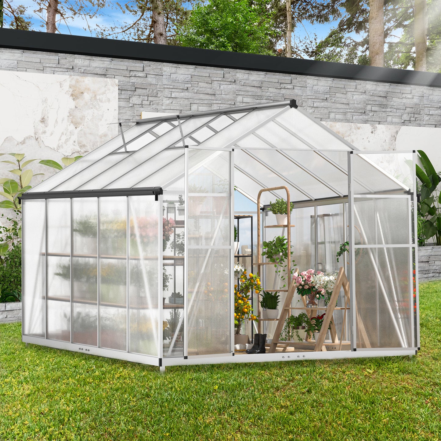 8' x 10' Polycarbonate Outdoor Greenhouse, Aluminum Walk-in Green House w/ 5-Level Adjustable Vents, Gutter and Door, Large Sun Room for Garden Backyard