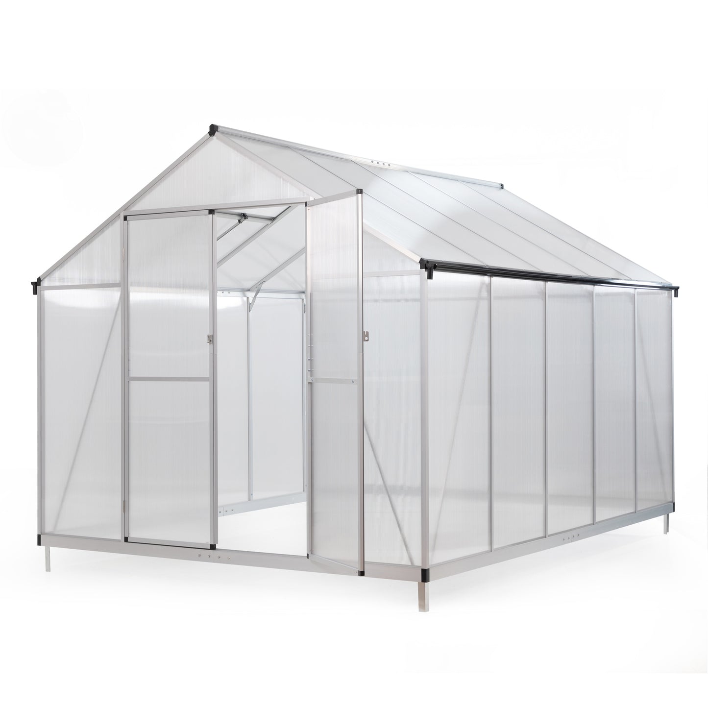 8' x 10' Polycarbonate Outdoor Greenhouse, Aluminum Walk-in Green House w/ 5-Level Adjustable Vents, Gutter and Door, Large Sun Room for Garden Backyard