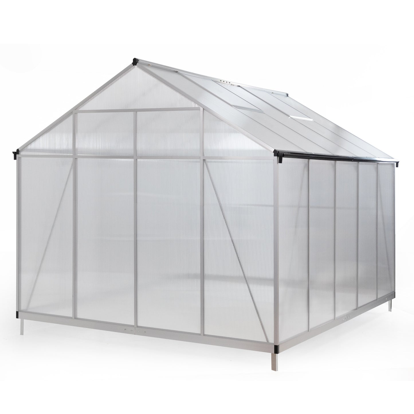 8' x 10' Polycarbonate Outdoor Greenhouse, Aluminum Walk-in Green House w/ 5-Level Adjustable Vents, Gutter and Door, Large Sun Room for Garden Backyard