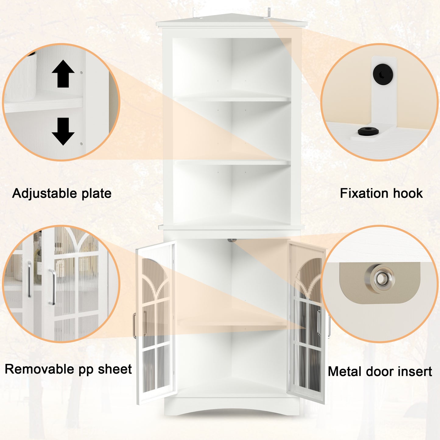 Corner Storage Cabinet, 63.3" Tall Freestanding Bookcase with Doors & Adjustable Shelves, 5-Tier Corner Display Cabinet for Living Room, Office, Dining Room, White