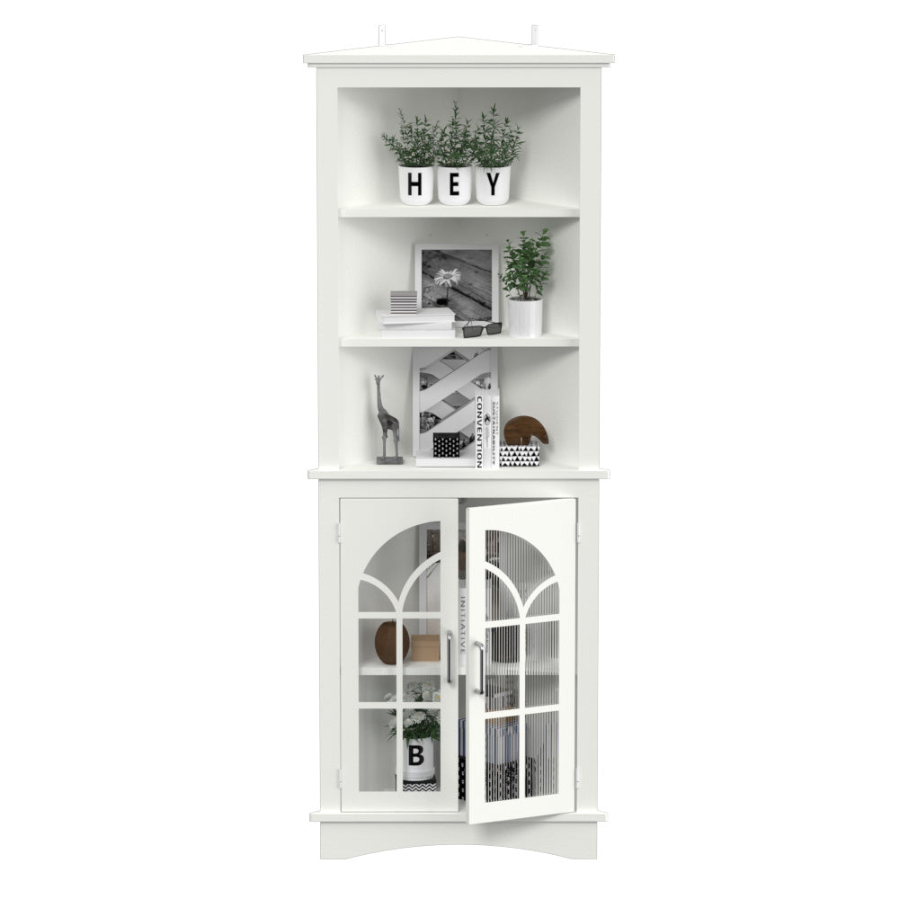 Corner Storage Cabinet, 63.3" Tall Freestanding Bookcase with Doors & Adjustable Shelves, 5-Tier Corner Display Cabinet for Living Room, Office, Dining Room, White