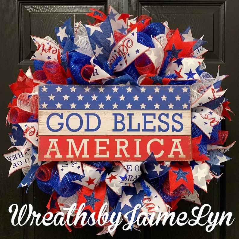 16inch*16inch July 4th Wooden Wreath Patriotic American Wreath, God Bless America Front Door Wreath, Memorial Day Star Stripe, Independence Day Wreath for Front Door Wall Window Home Decor