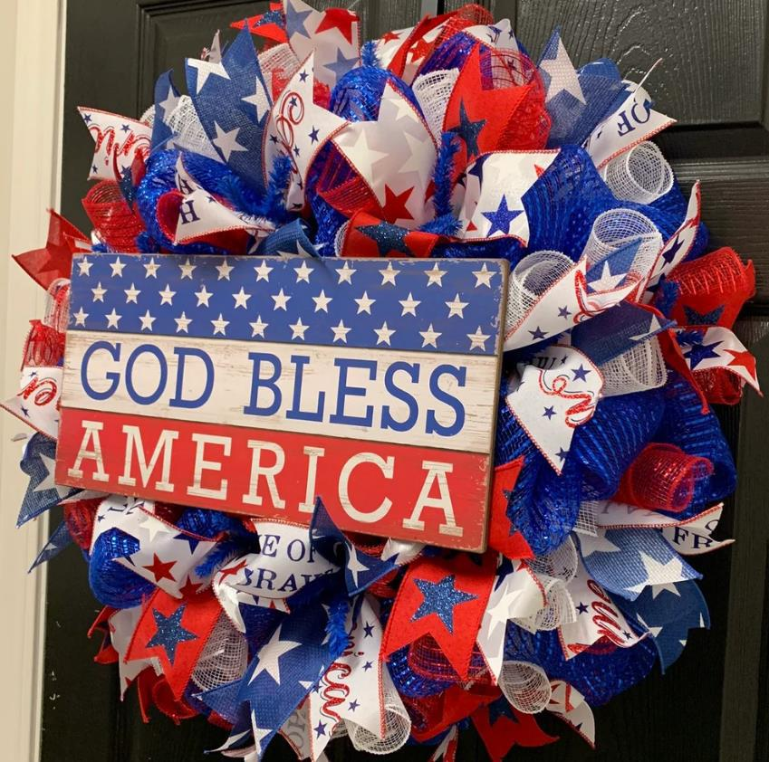 16inch*16inch July 4th Wooden Wreath Patriotic American Wreath, God Bless America Front Door Wreath, Memorial Day Star Stripe, Independence Day Wreath for Front Door Wall Window Home Decor