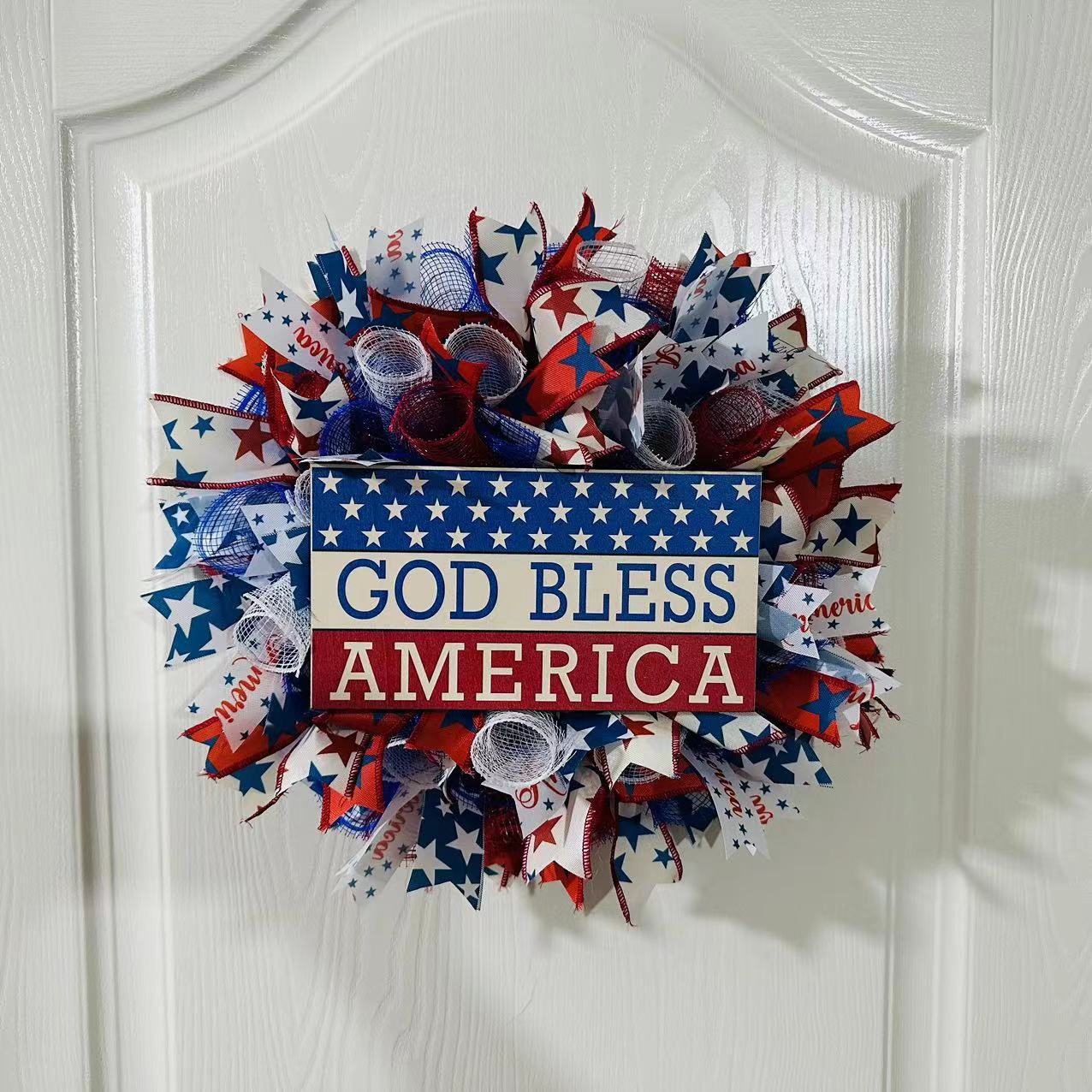 16inch*16inch July 4th Wooden Wreath Patriotic American Wreath, God Bless America Front Door Wreath, Memorial Day Star Stripe, Independence Day Wreath for Front Door Wall Window Home Decor