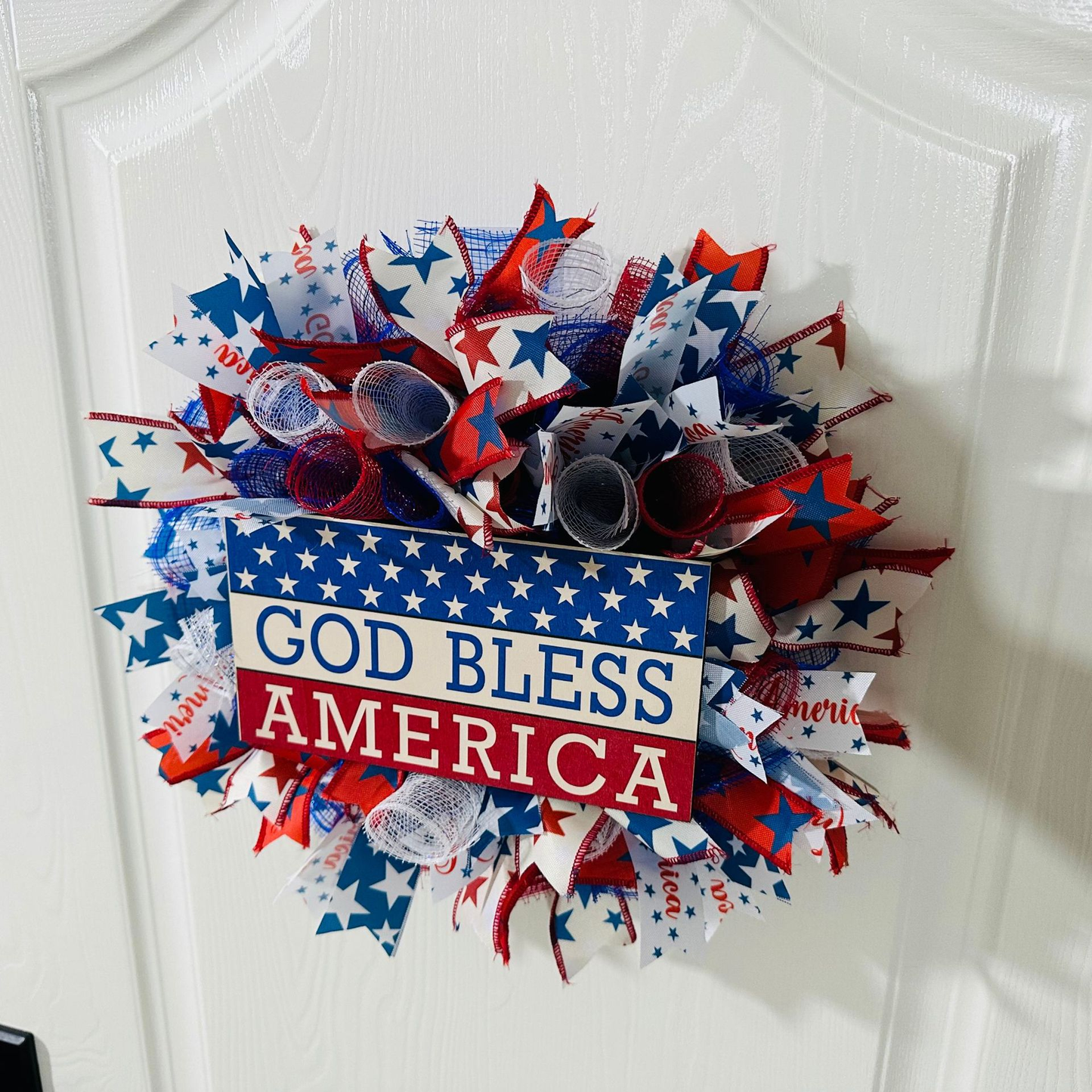 16inch*16inch July 4th Wooden Wreath Patriotic American Wreath, God Bless America Front Door Wreath, Memorial Day Star Stripe, Independence Day Wreath for Front Door Wall Window Home Decor