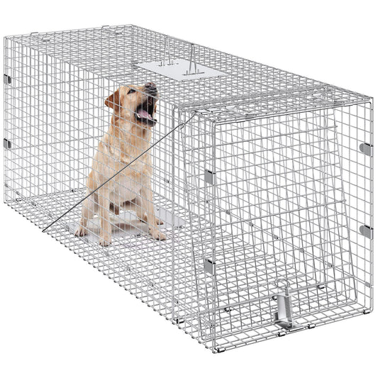 VEVOR Live Animal Cage Trap, 50" x 20" x 26" Humane Cat Trap Galvanized Iron, Folding Animal Trap with Handle for Stray Dogs, Armadillos, Raccoons, Marmots, Foxes