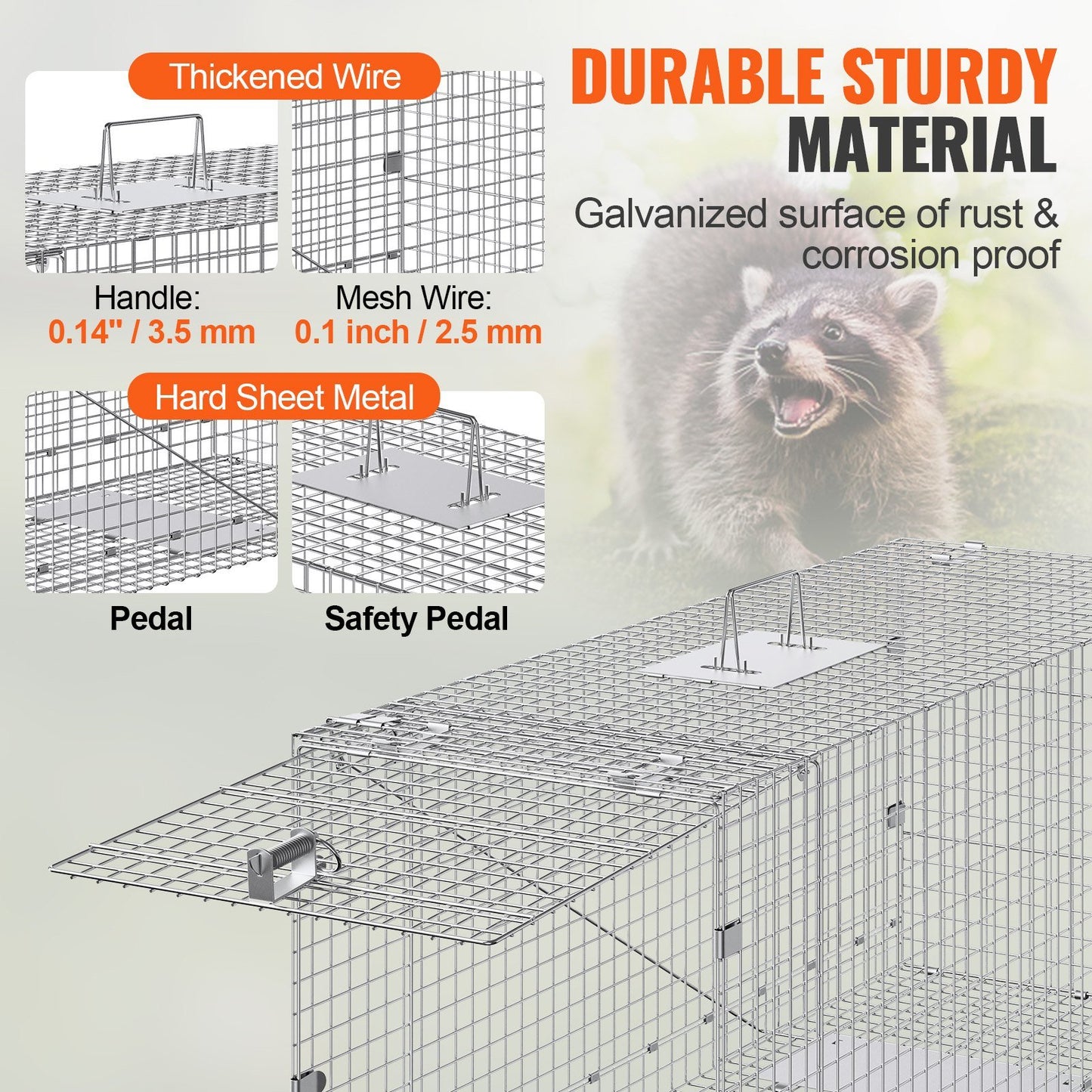 VEVOR Live Animal Cage Trap, 50" x 20" x 26" Humane Cat Trap Galvanized Iron, Folding Animal Trap with Handle for Stray Dogs, Armadillos, Raccoons, Marmots, Foxes