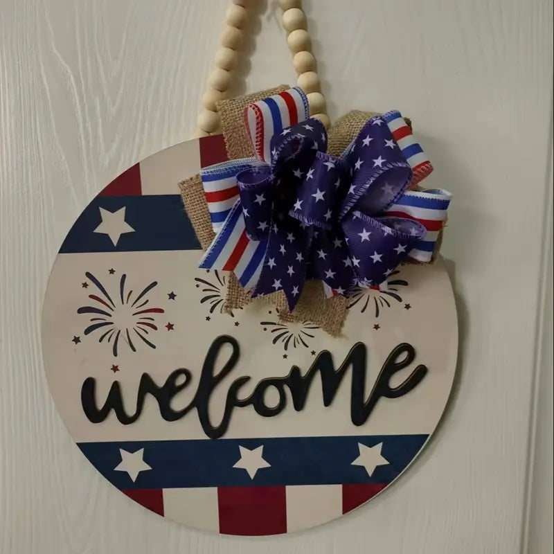 July 4th Patriotic Welcome Sign, 12 Inch Hanging Wreath for Front Door, 4th of July Wreath Outside Hanging Wood Sign with Beads Bow, Rustic Outdoor Memorial Day Door Hanger Decor