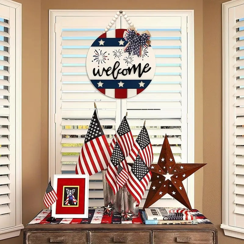 July 4th Patriotic Welcome Sign, 12 Inch Hanging Wreath for Front Door, 4th of July Wreath Outside Hanging Wood Sign with Beads Bow, Rustic Outdoor Memorial Day Door Hanger Decor