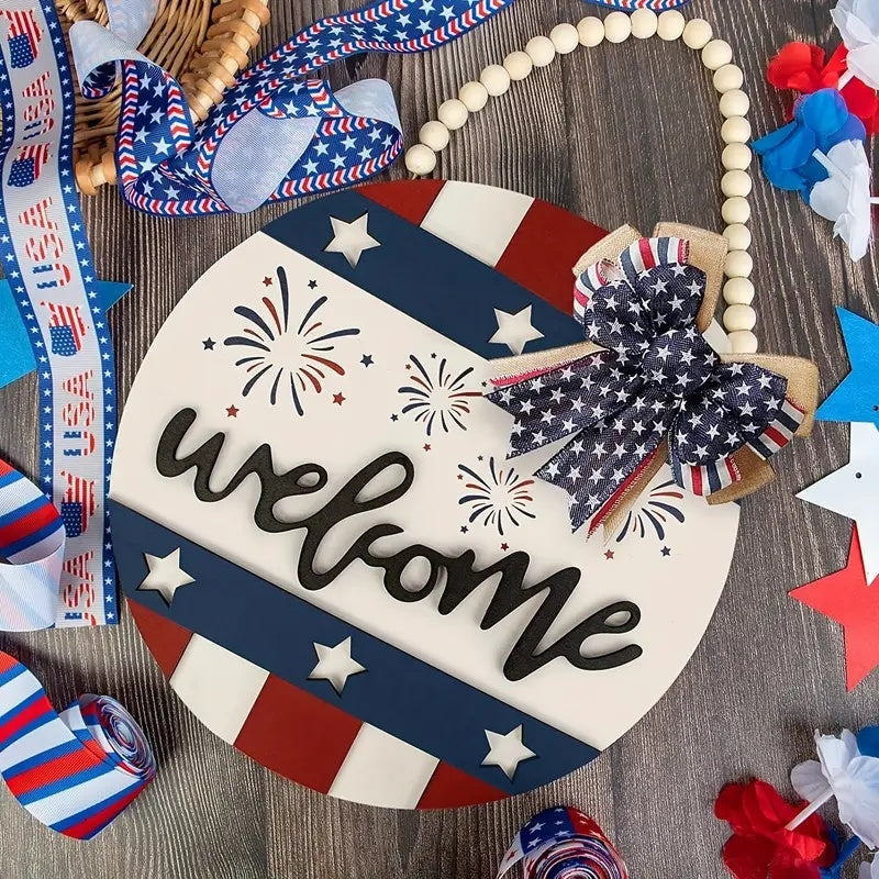 July 4th Patriotic Welcome Sign, 12 Inch Hanging Wreath for Front Door, 4th of July Wreath Outside Hanging Wood Sign with Beads Bow, Rustic Outdoor Memorial Day Door Hanger Decor