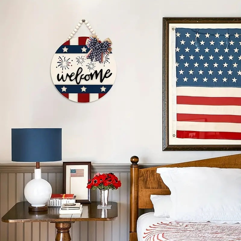 July 4th Patriotic Welcome Sign, 12 Inch Hanging Wreath for Front Door, 4th of July Wreath Outside Hanging Wood Sign with Beads Bow, Rustic Outdoor Memorial Day Door Hanger Decor