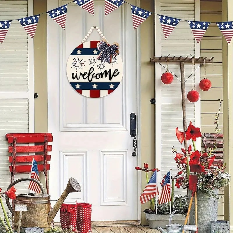 July 4th Patriotic Welcome Sign, 12 Inch Hanging Wreath for Front Door, 4th of July Wreath Outside Hanging Wood Sign with Beads Bow, Rustic Outdoor Memorial Day Door Hanger Decor