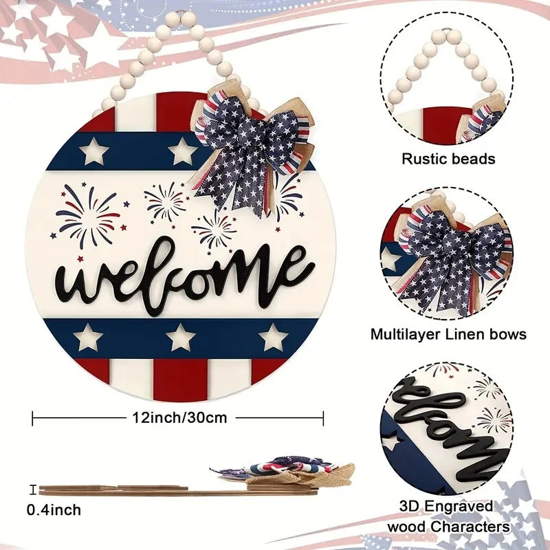 July 4th Patriotic Welcome Sign, 12 Inch Hanging Wreath for Front Door, 4th of July Wreath Outside Hanging Wood Sign with Beads Bow, Rustic Outdoor Memorial Day Door Hanger Decor