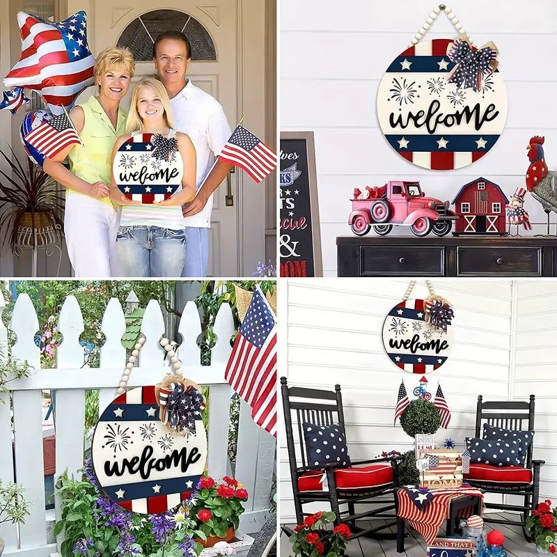 July 4th Patriotic Welcome Sign, 12 Inch Hanging Wreath for Front Door, 4th of July Wreath Outside Hanging Wood Sign with Beads Bow, Rustic Outdoor Memorial Day Door Hanger Decor