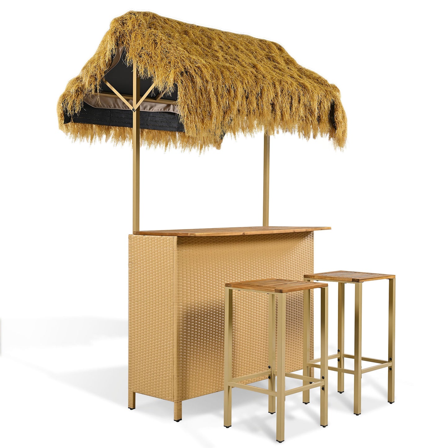 Only Pick Up Hawaiian-style Bar Height Patio Set with PE Grass Canopy, Outdoor Bar Table and Stools with Adjustable Feet, Acacia Wood Top, for Dining and Drinking, Natural