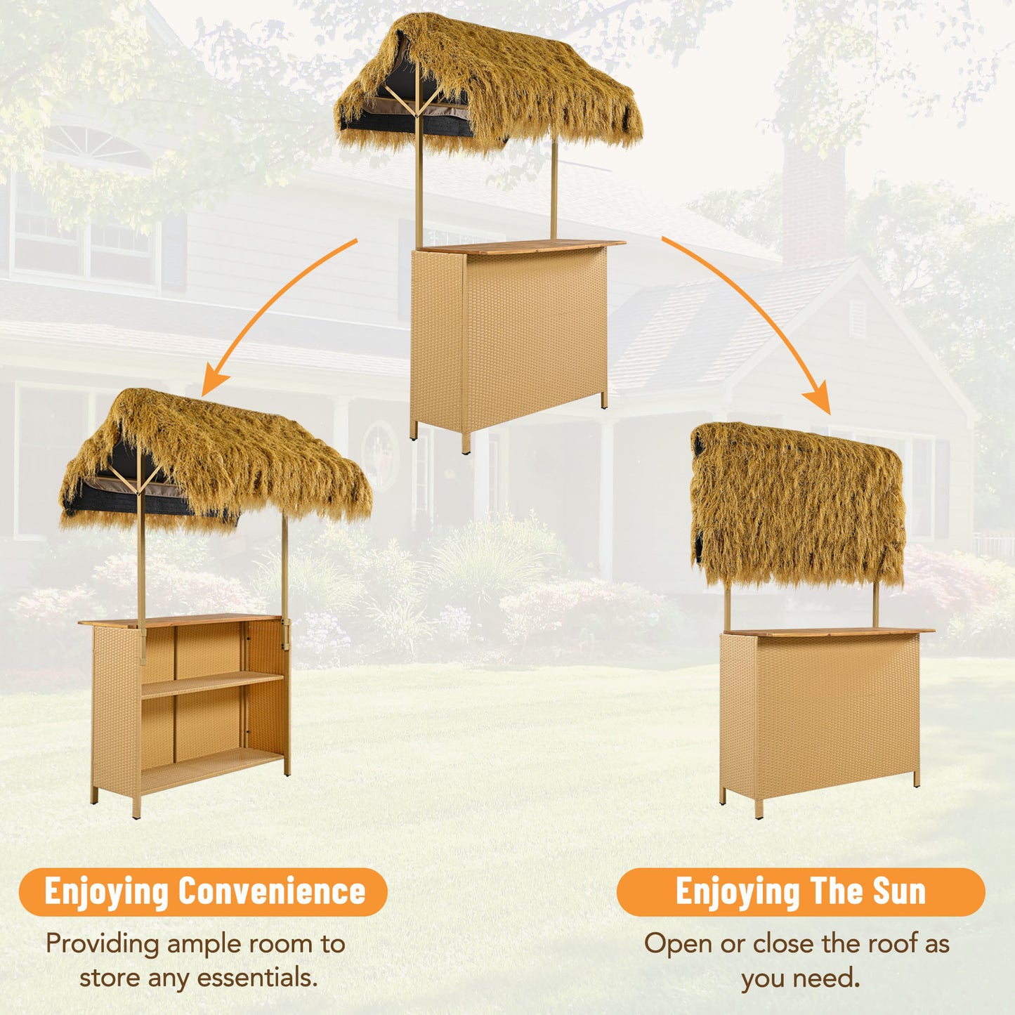 Only Pick Up Hawaiian-style Bar Height Patio Set with PE Grass Canopy, Outdoor Bar Table and Stools with Adjustable Feet, Acacia Wood Top, for Dining and Drinking, Natural