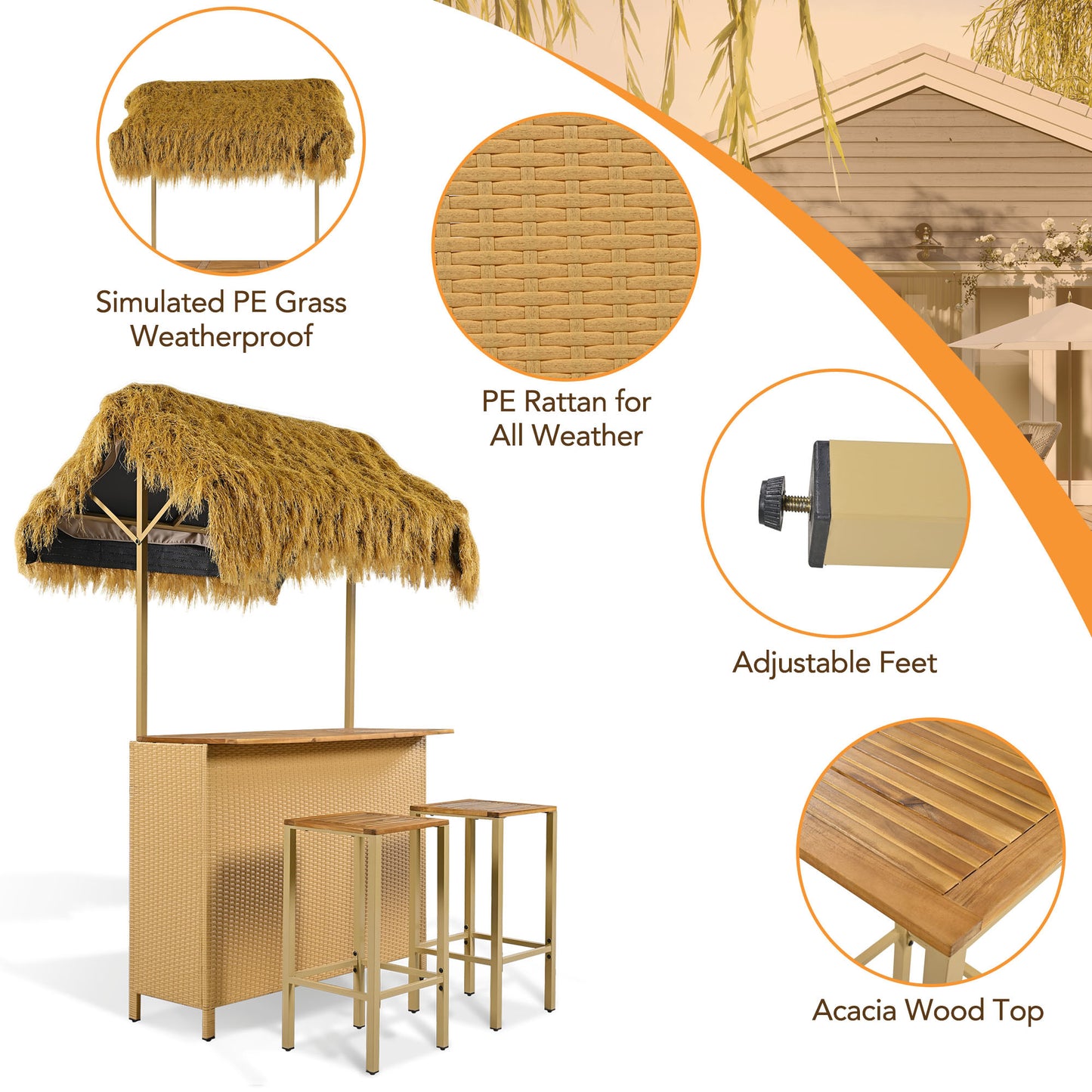 Only Pick Up Hawaiian-style Bar Height Patio Set with PE Grass Canopy, Outdoor Bar Table and Stools with Adjustable Feet, Acacia Wood Top, for Dining and Drinking, Natural