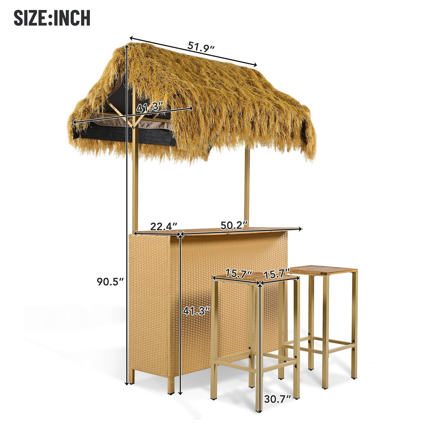 Only Pick Up Hawaiian-style Bar Height Patio Set with PE Grass Canopy, Outdoor Bar Table and Stools with Adjustable Feet, Acacia Wood Top, for Dining and Drinking, Natural